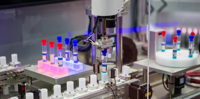 Robot arm with test tube virus in laboratory